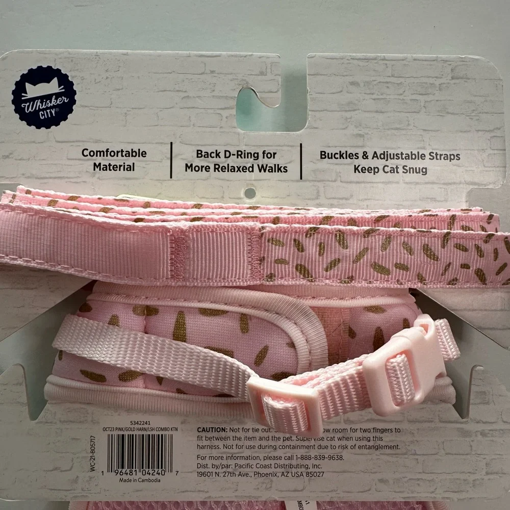 Whisker City Cat Leash & Harness Combo Pink & Gold Size Small for a Kitten
